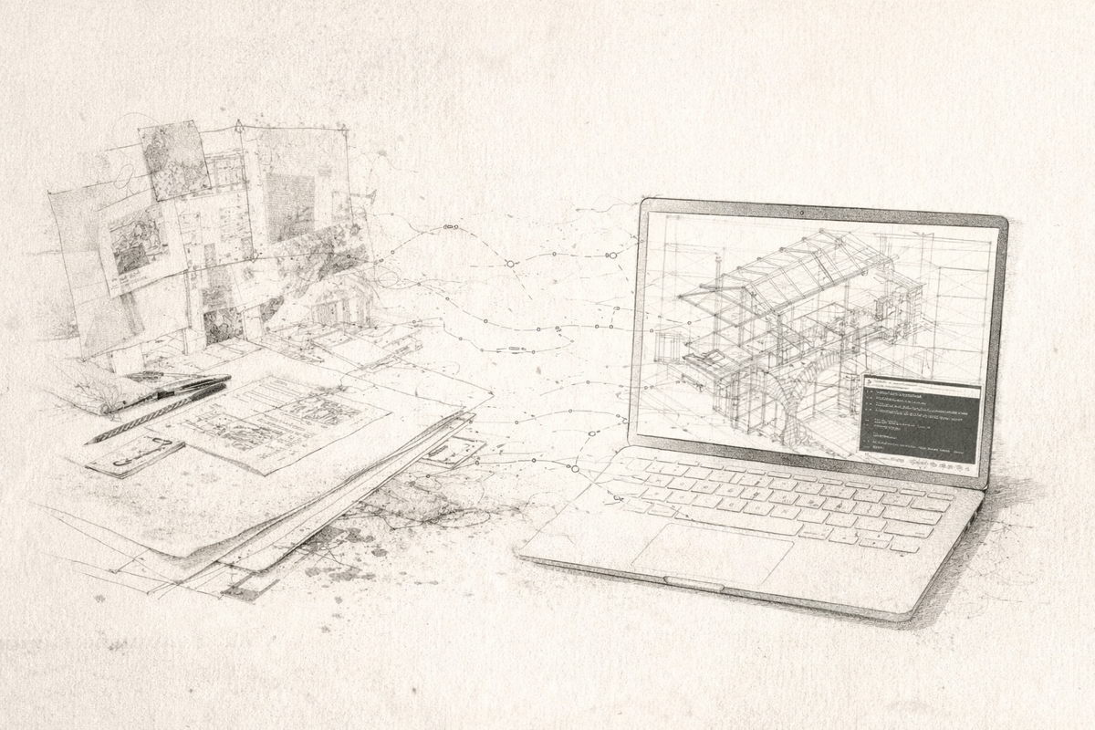 Concept sketch — architectural plans on desk, wireframe building on screen, network nodes bridging both