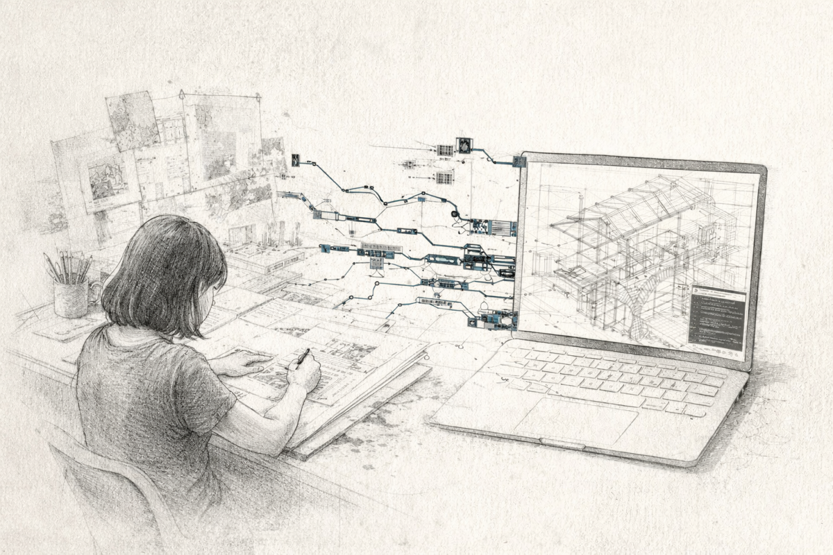 Concept sketch — designer from behind, drawing at desk while wireframe builds itself on screen