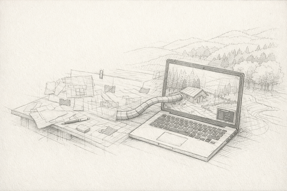 Concept sketch — architect's desk dissolving into landscape, laptop as portal