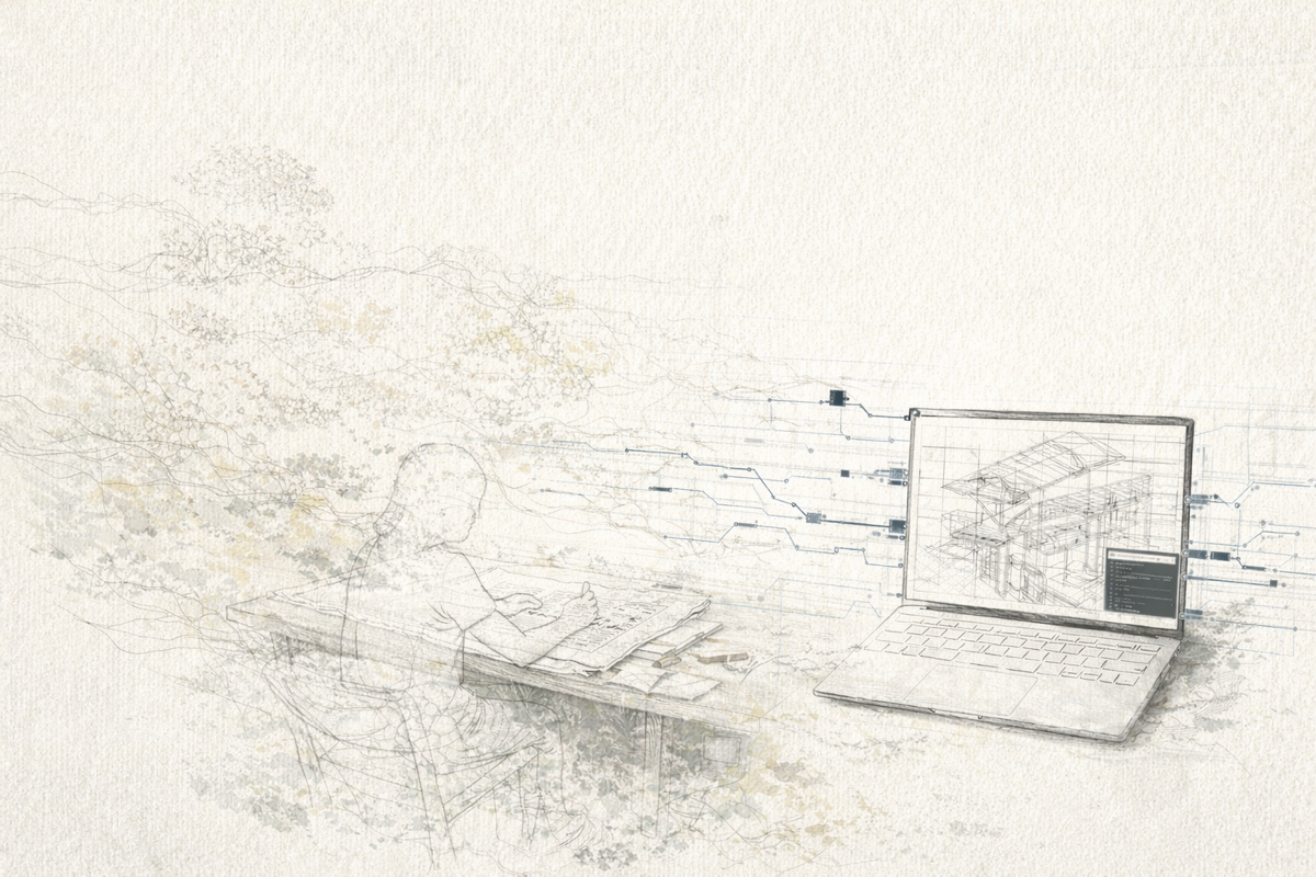 Concept sketch — ghostly figure at outdoor desk, barely visible against trees and wireframe