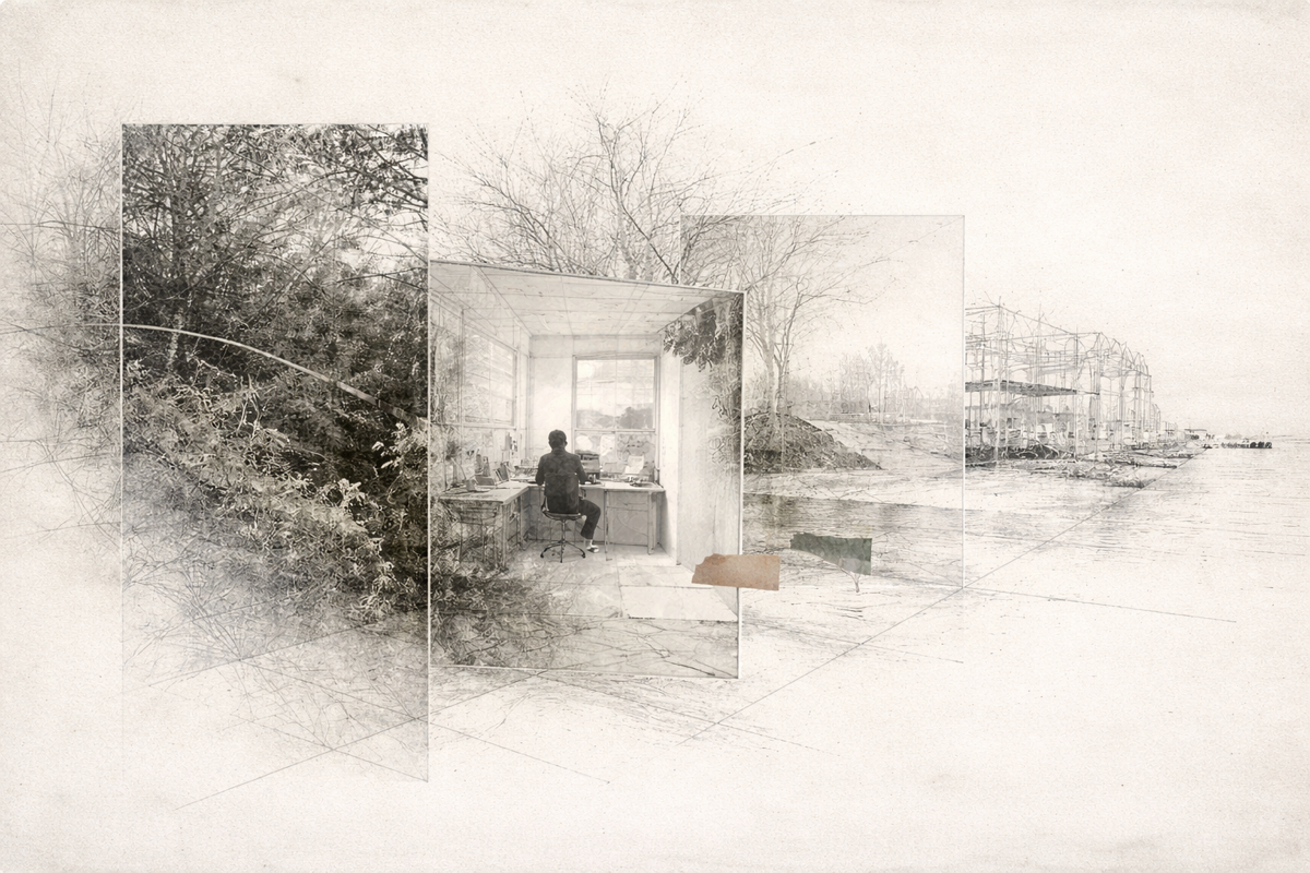 Concept collage — figure in a glass room, layered photo panels of forest and wireframe building