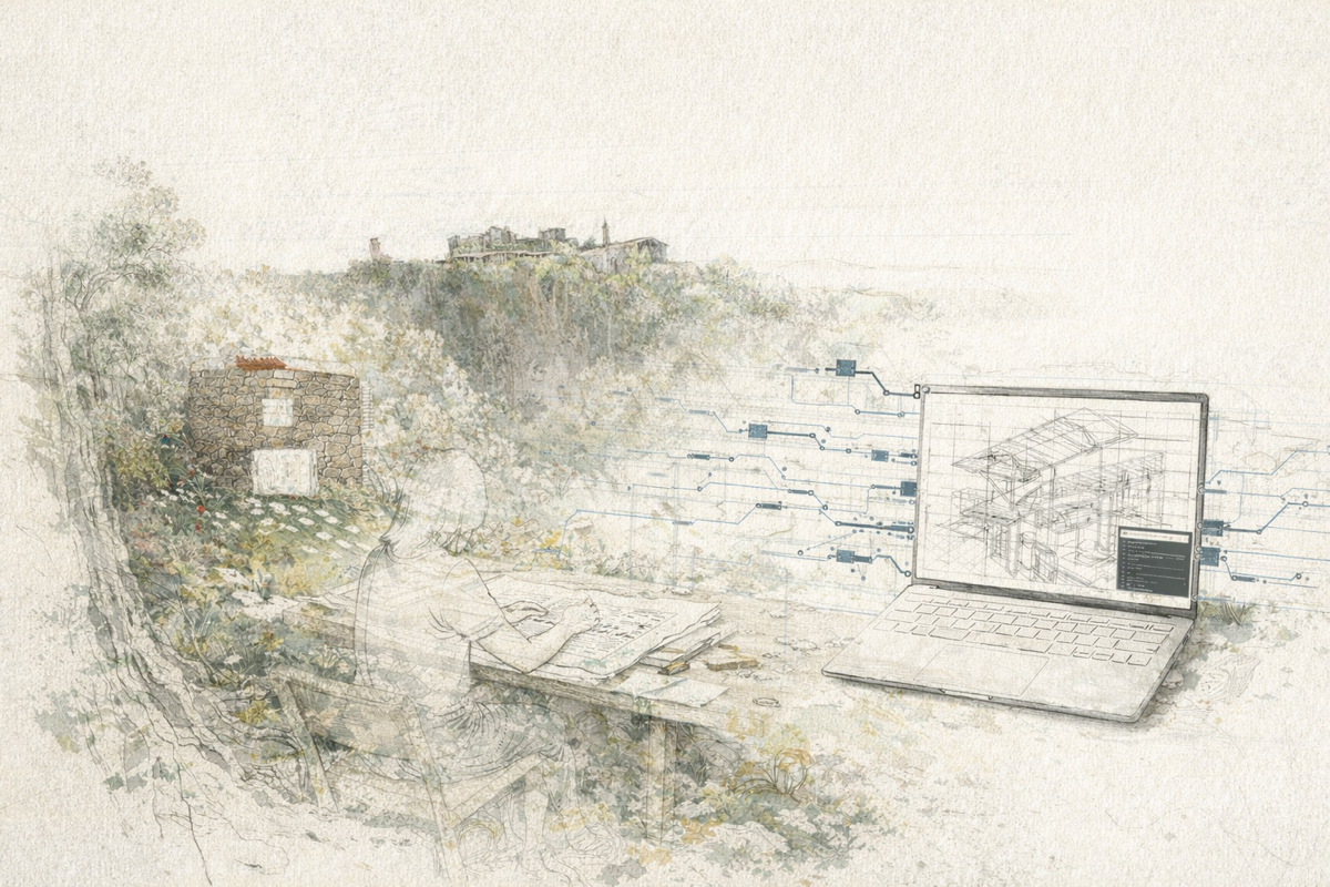 Concept sketch — ethereal outdoor desk scene, figure fading into landscape and wireframe