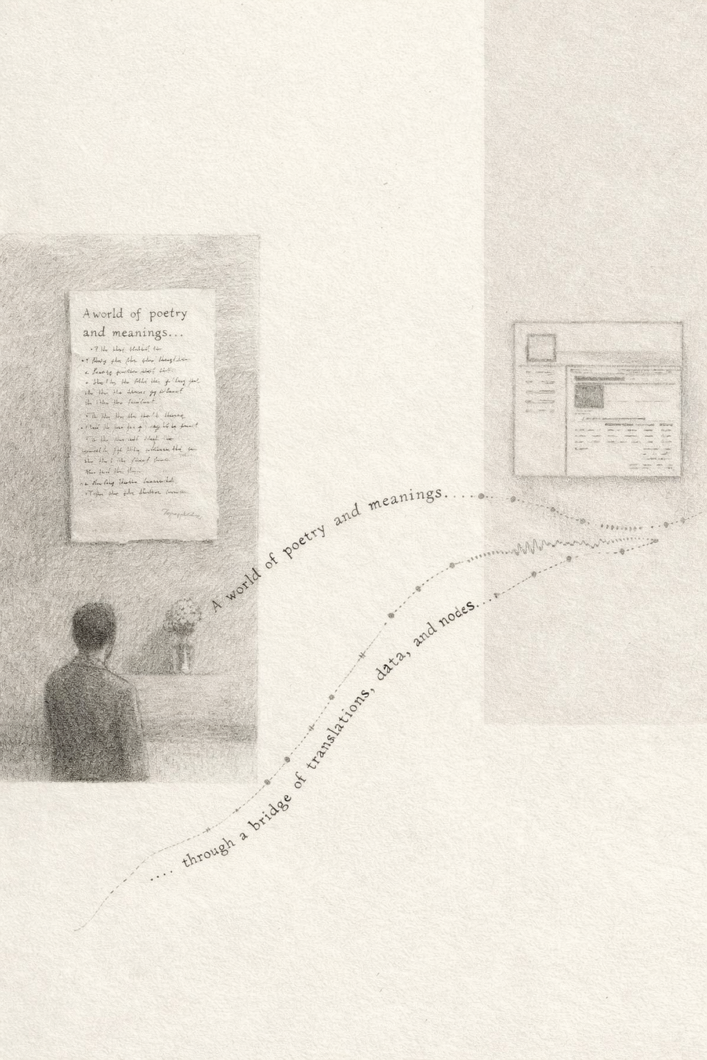 Concept sketch — 'A world of poetry and meanings... through a bridge of translations, data, and noise'