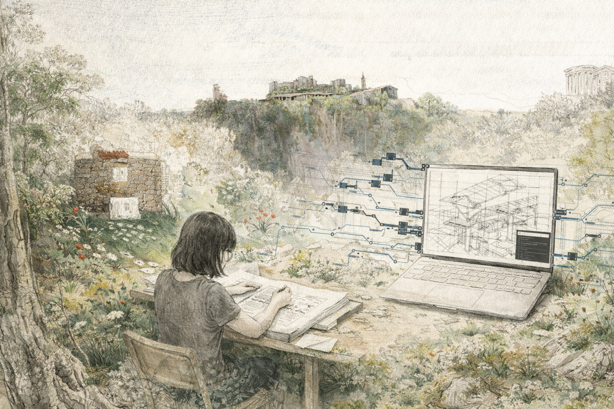 Concept sketch — designer working outdoors in watercolor landscape, ruins on a hill, wireframe on screen