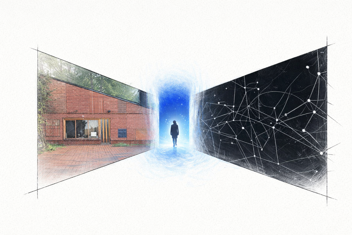 Hero concept — blue portal light at threshold, high-contrast brick and dark network