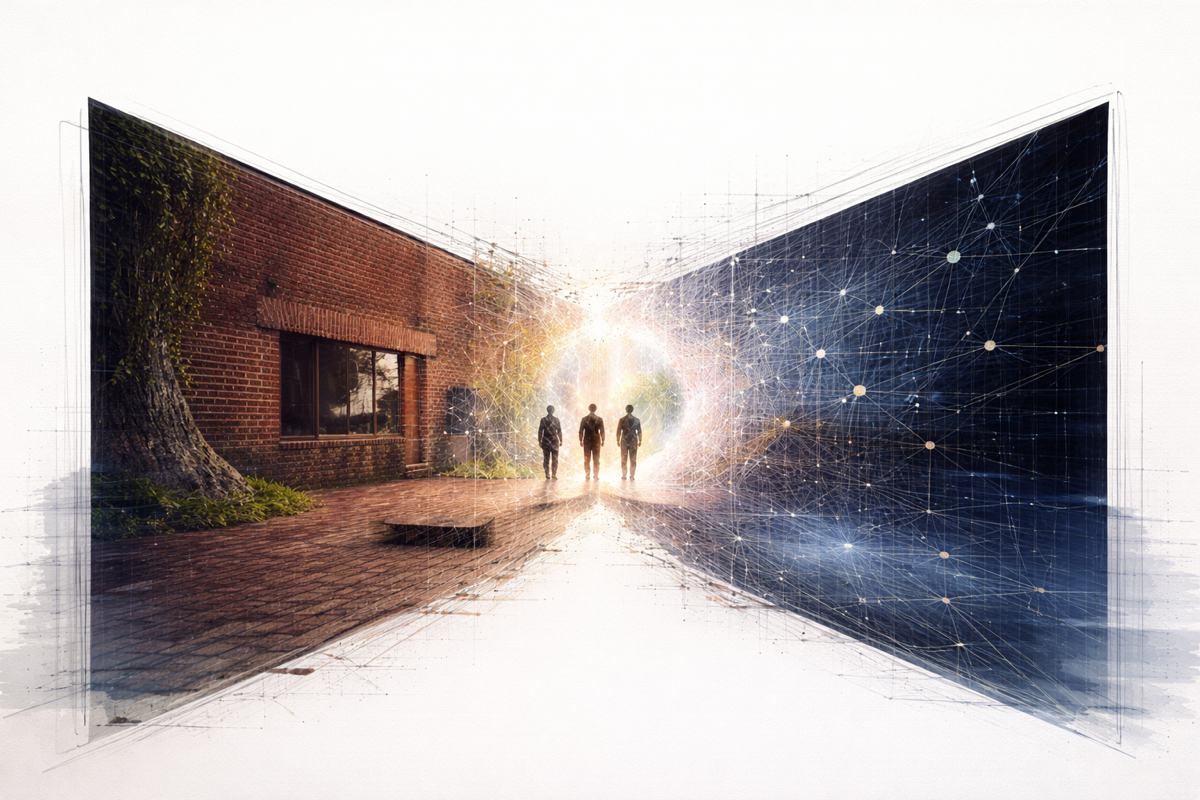 Hero concept — V-perspective with brick wall left, network right, figures at vanishing point