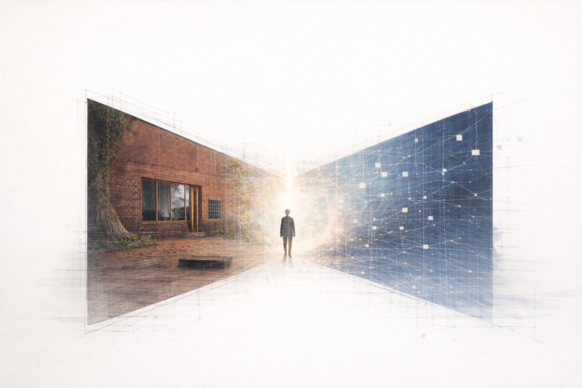 Hero concept — single figure at the threshold between architecture and network