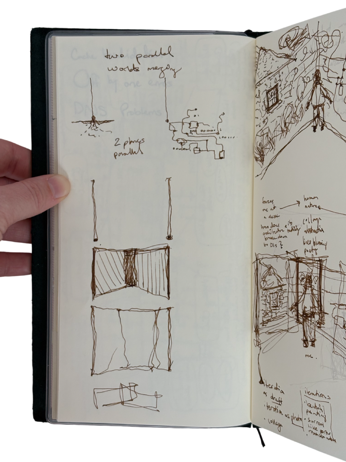 Two parallel worlds concept — split curtain views, spatial compositions, and merge studies.
