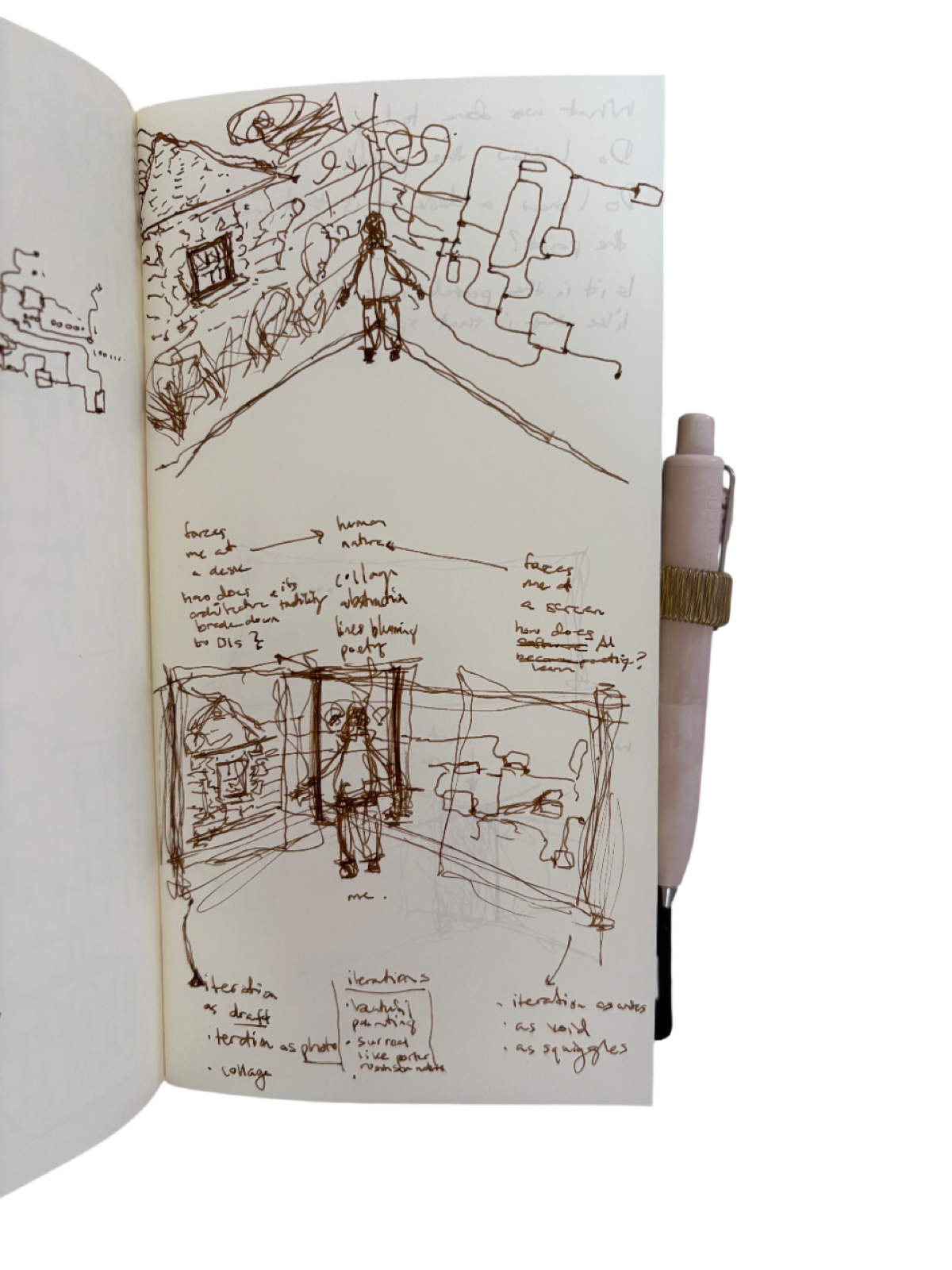 Perspective studies and iteration concepts for the site's spatial narrative.