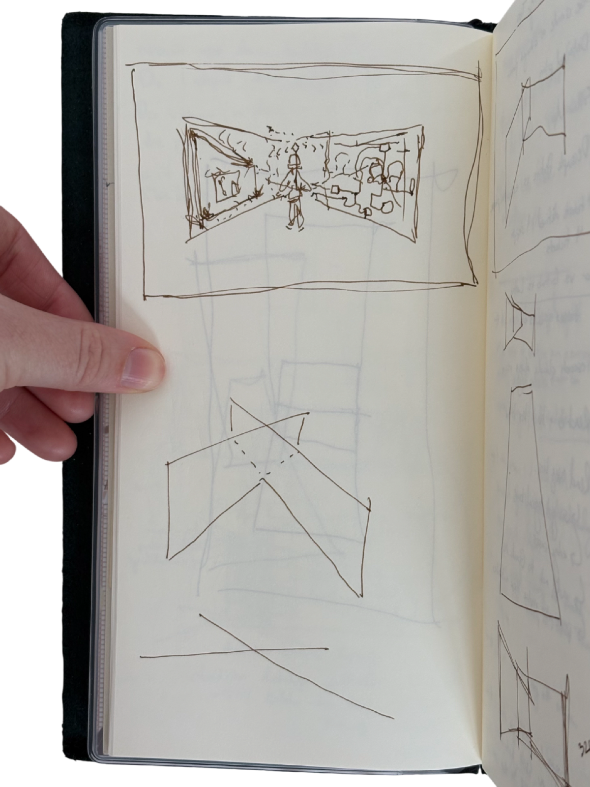 Spatial perspective sketch — figure in a converging room, intersecting planes below.