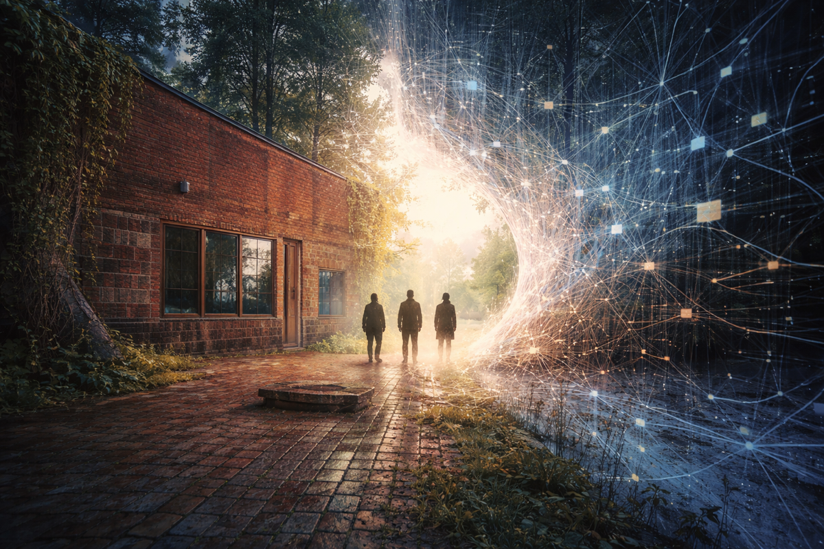Hero concept — three figures walking toward a light portal between brick building and digital network