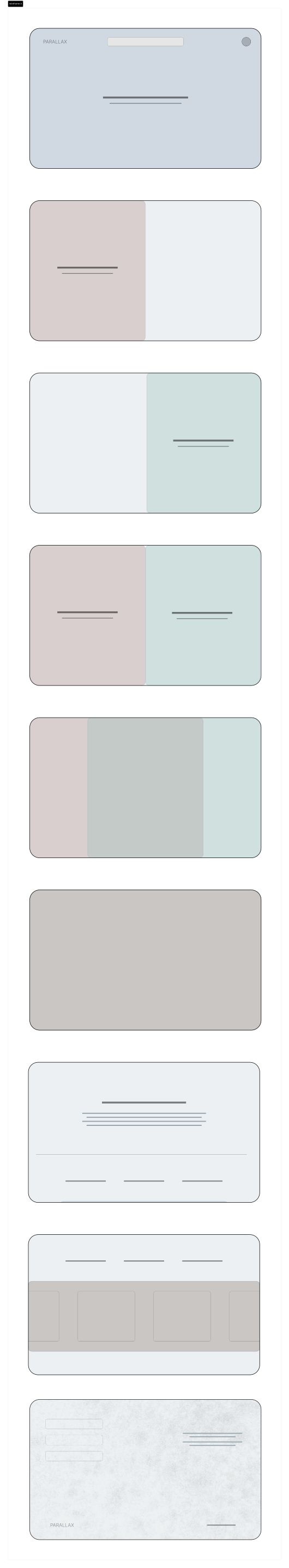 Wireframe A — full homepage layout with hero, two-column sections, artifact bar, and footer