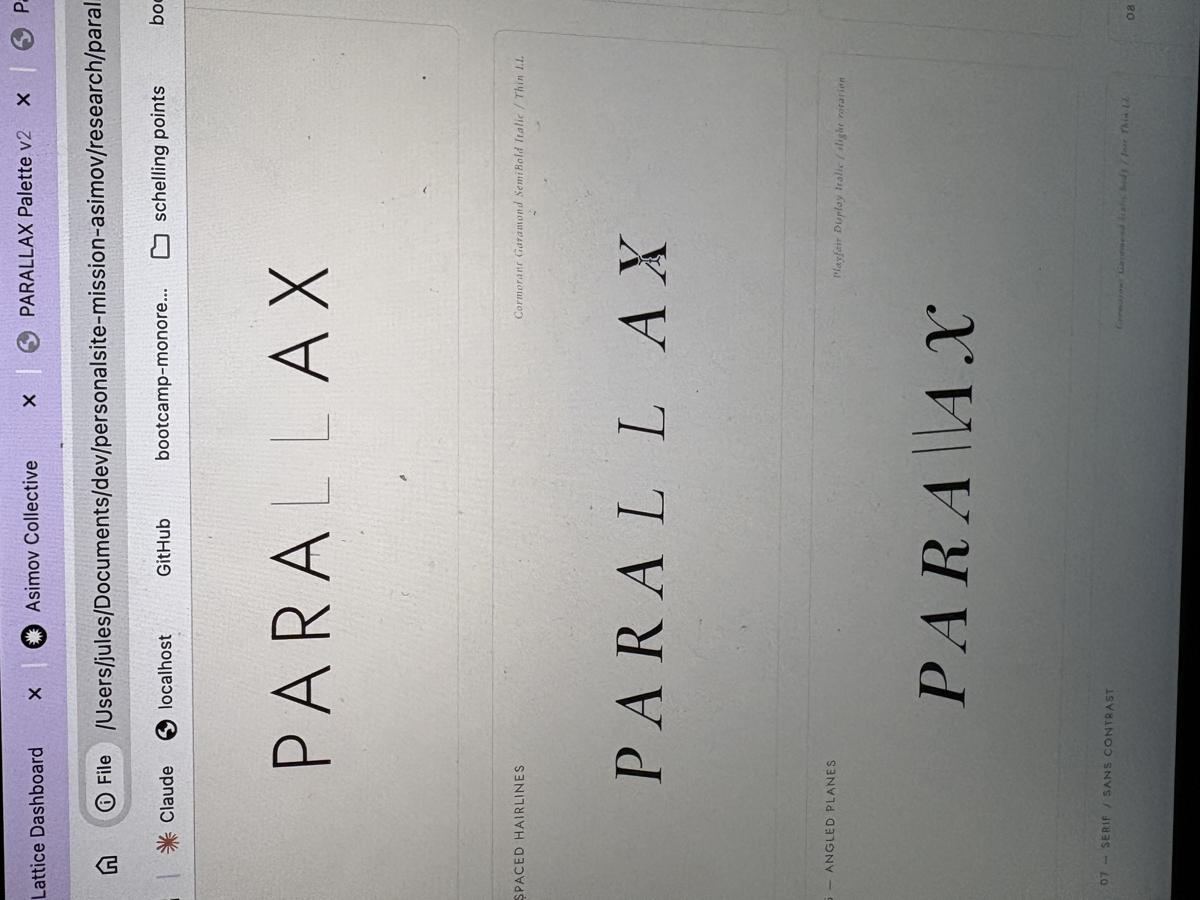 Phone photo of wordmark palette v2 — three PARALLAX typographic treatments on screen