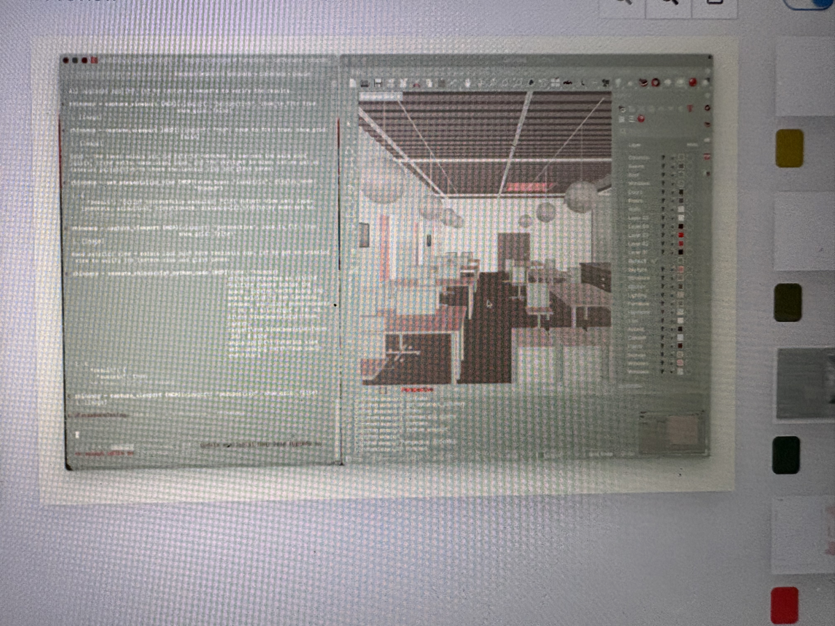 Phone photo of screen — code editor alongside architecture interior rendering with color palette