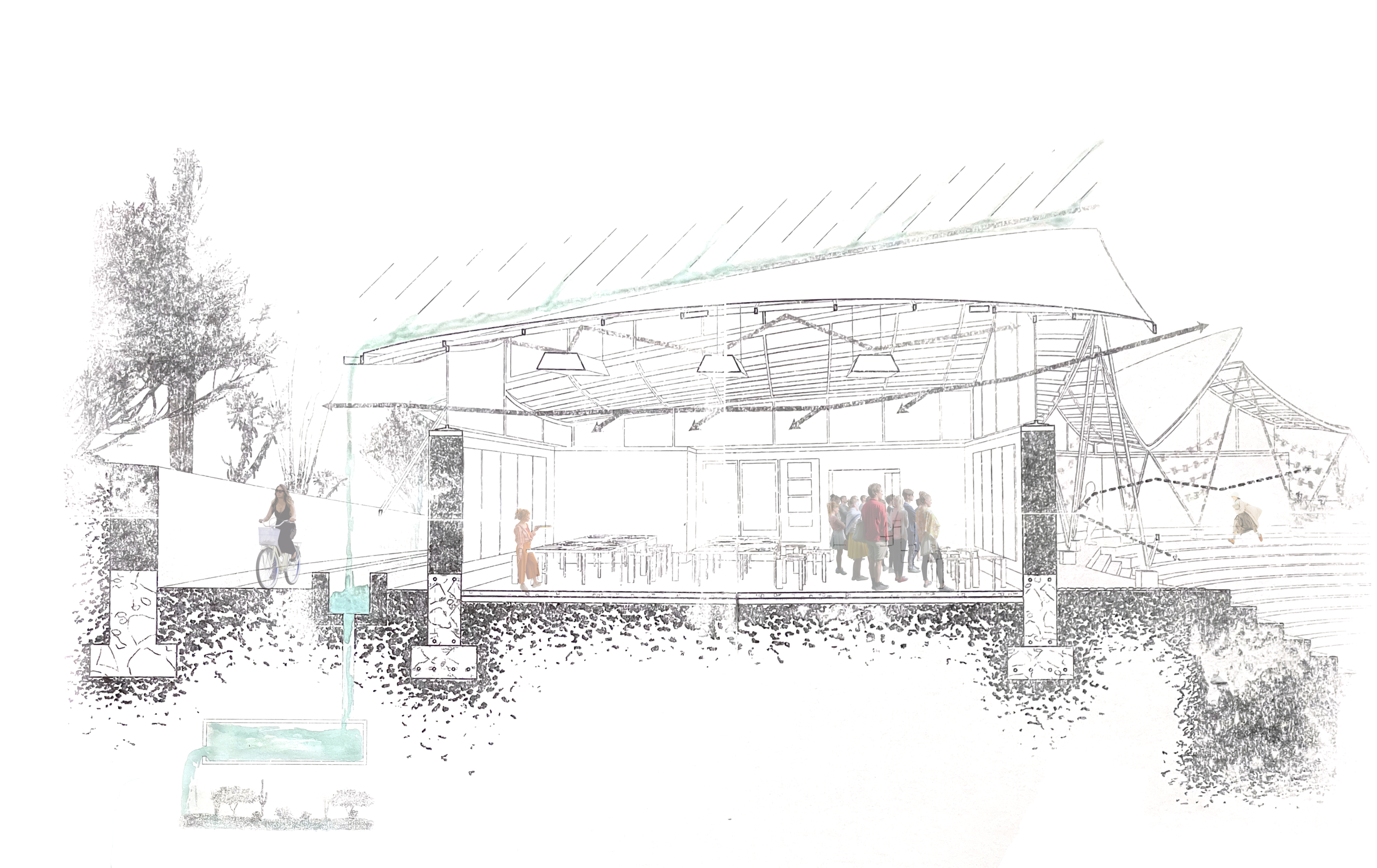Hand-drawn pavilion section — open structure with cable-net canopy