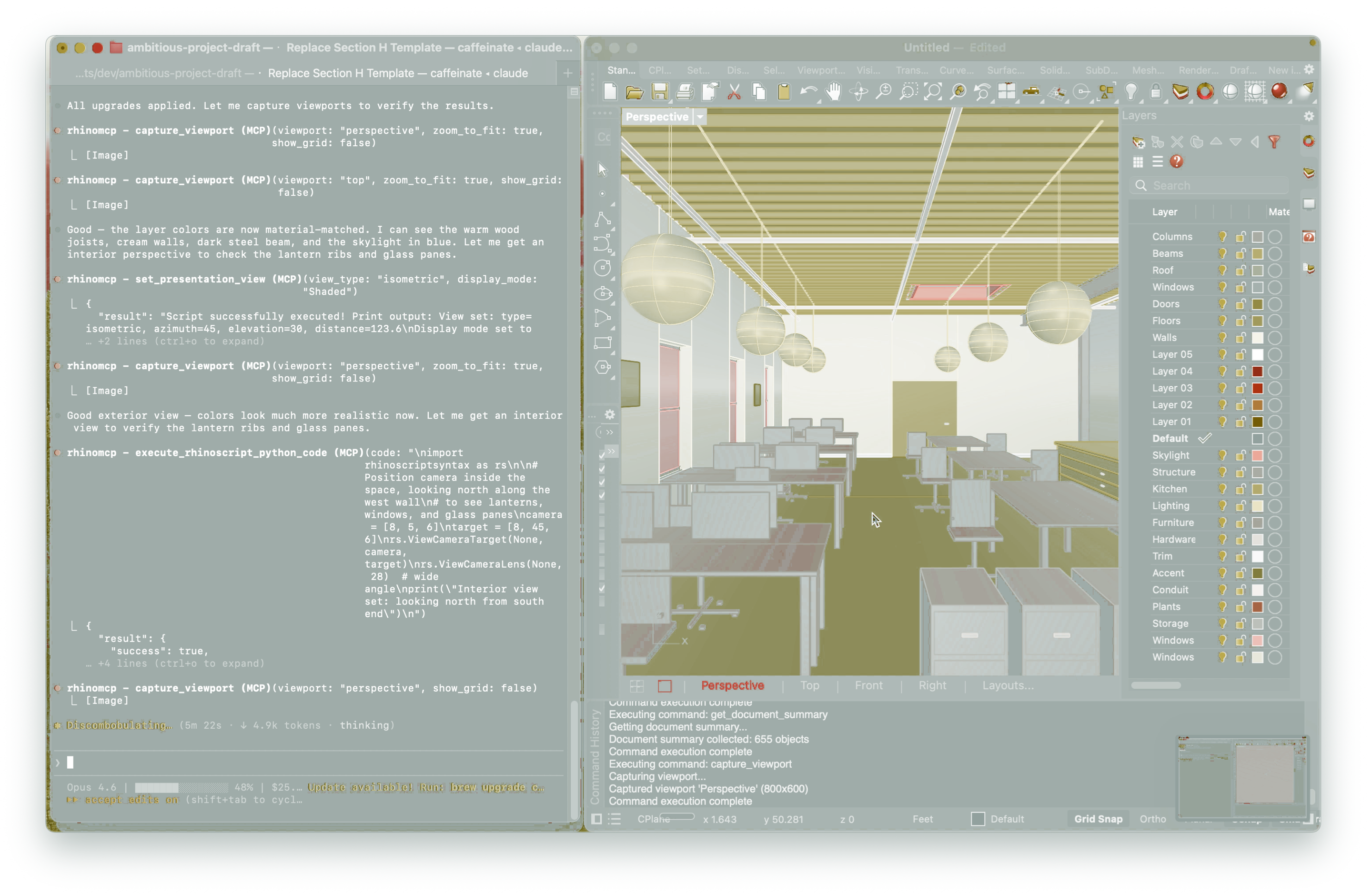Rhino 3D and terminal side by side — architecture meets software in riso