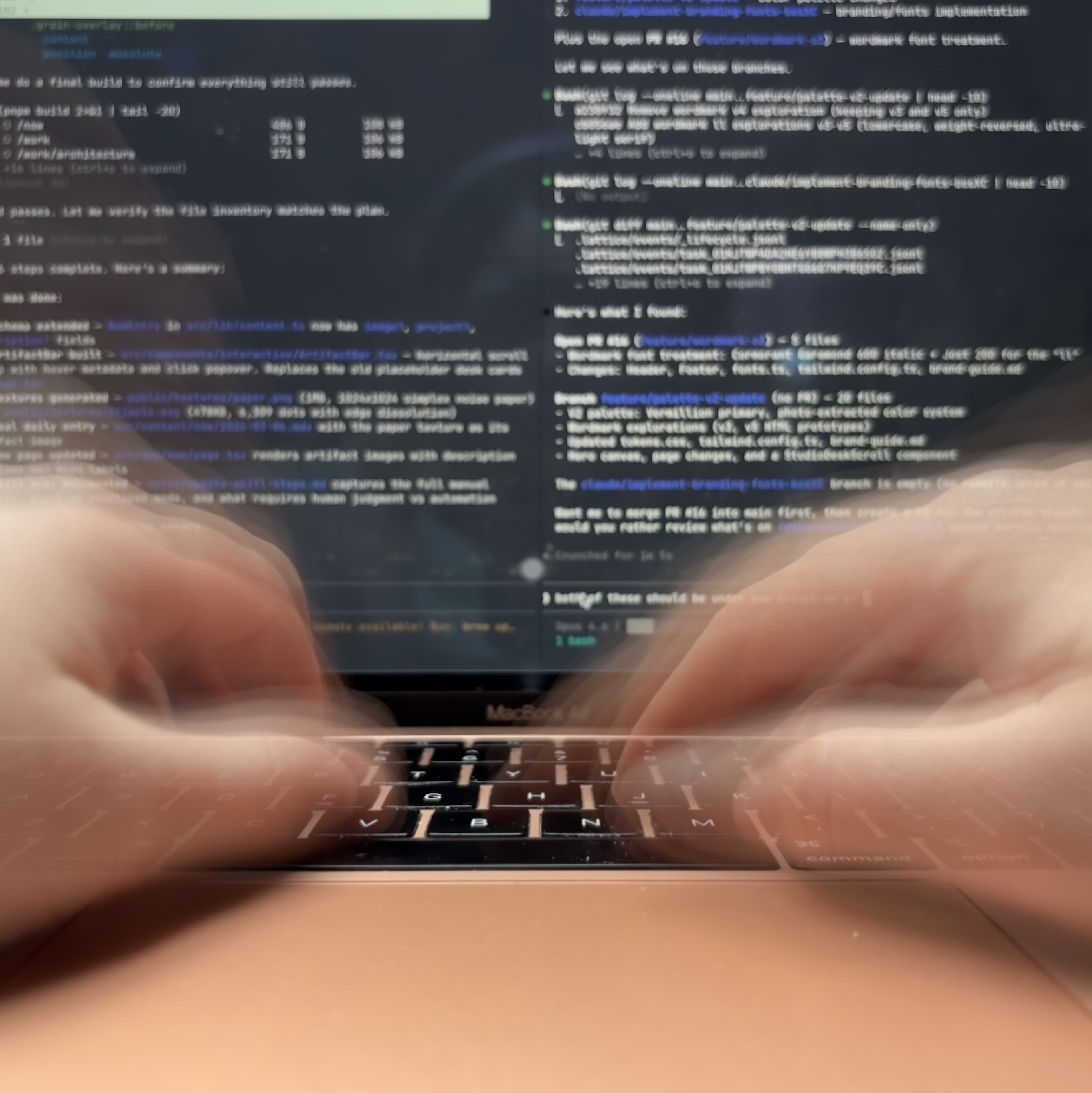 Hands on keyboard, terminal and PRs filling the screen