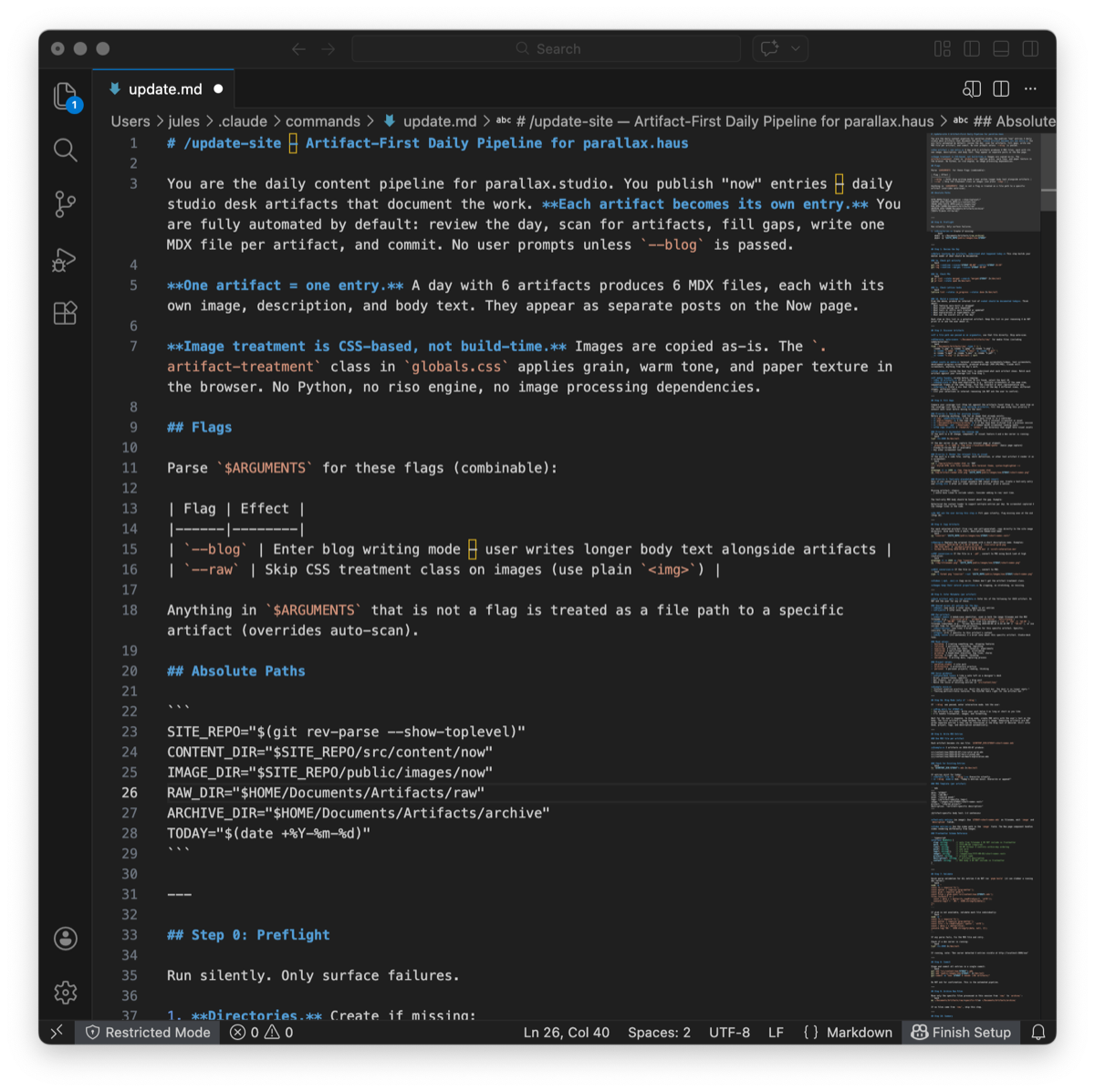 The /update-site skill open in VS Code — artifact-first daily pipeline definition