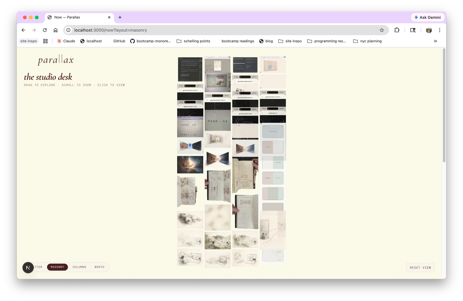 Now page masonry layout — tight artifact grid with mixed media