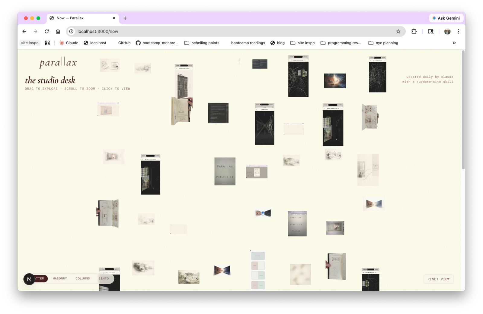 Now page scattered layout — organic desk feel with floating artifacts