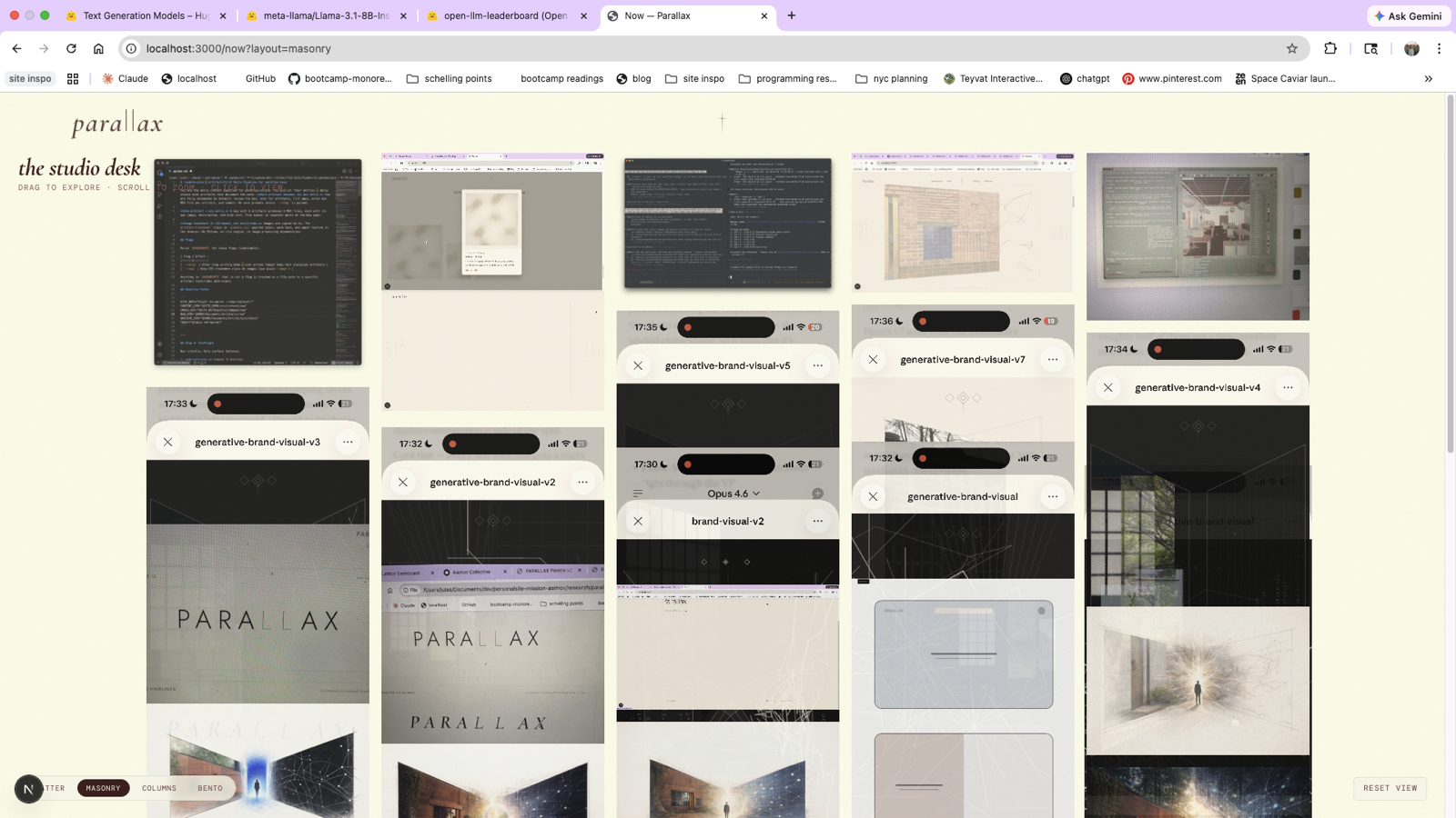 Studio desk layout with Midjourney generations mixed into the artifact stream