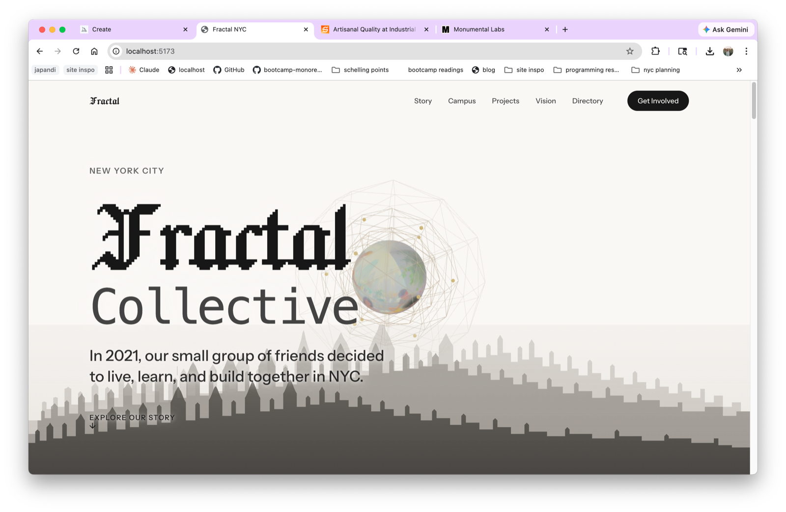 Fractal Collective homepage — blackletter type with 3D NYC skyline and opal geometry