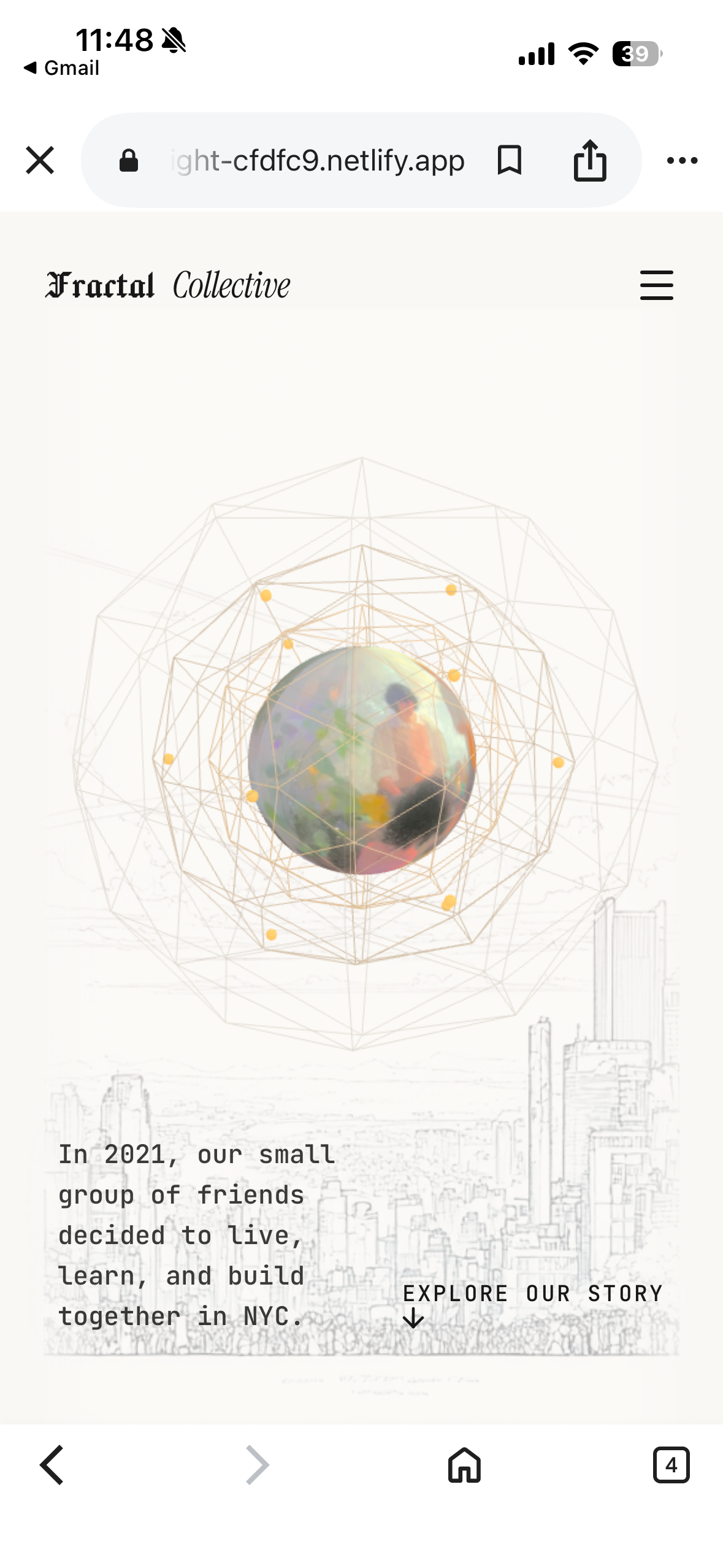 Fractal Collective on mobile — opal globe floating above the NYC skyline