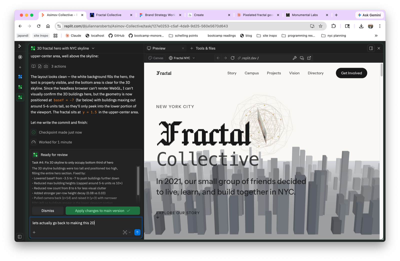 Building the Fractal site in Replit — code alongside live 3D skyline preview