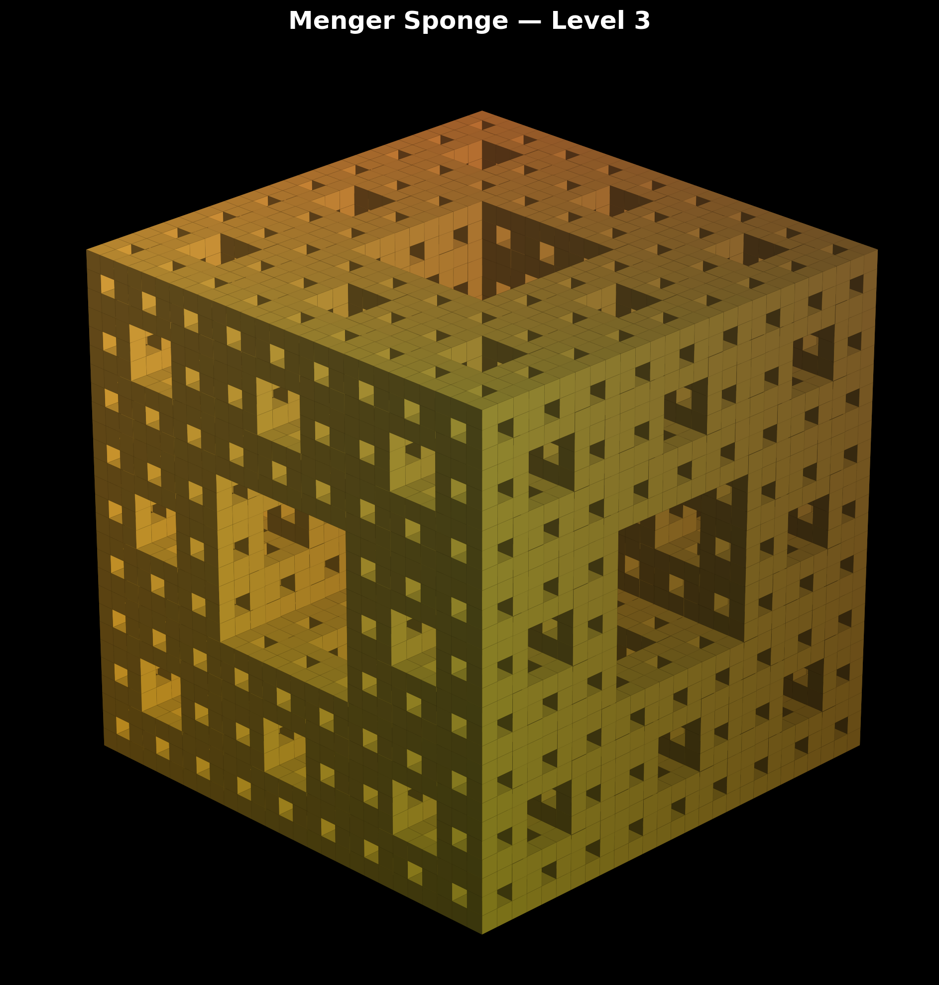 Menger Sponge Level 3 render — recursive voids in warm amber