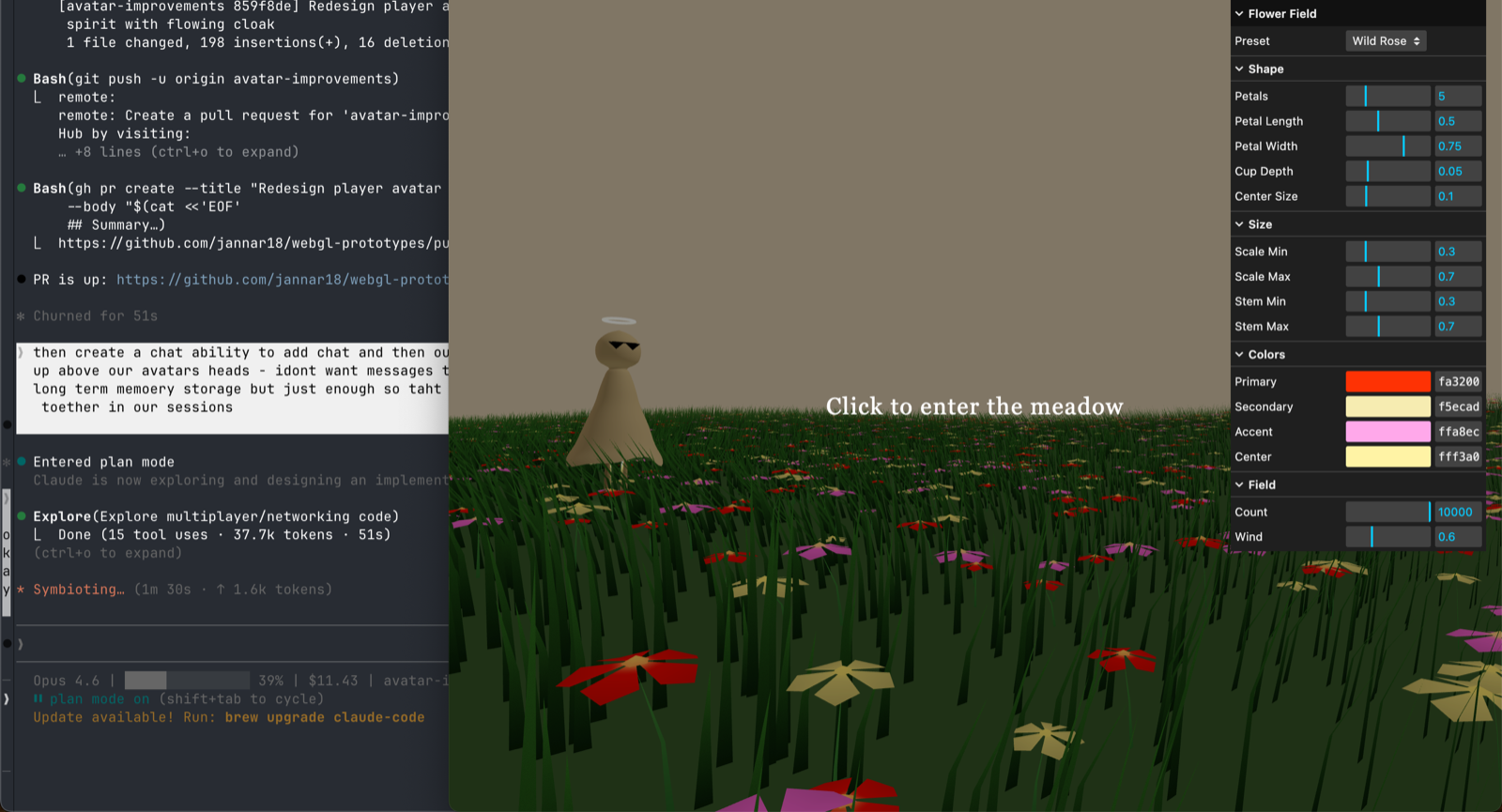 Flower field prototype with avatar — Claude Code terminal overlay showing PR creation