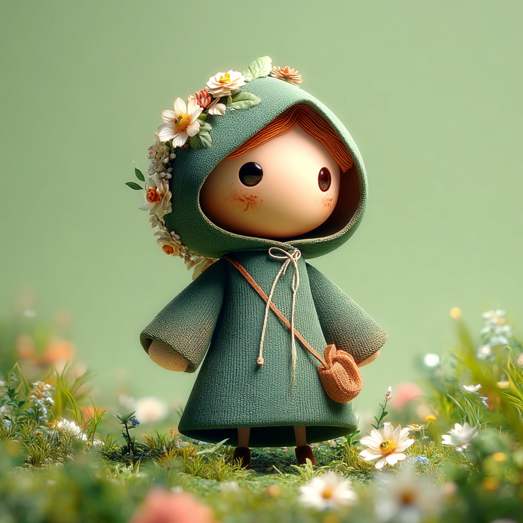 AI-generated avatar concept — hooded figure in green cloak with flower crown