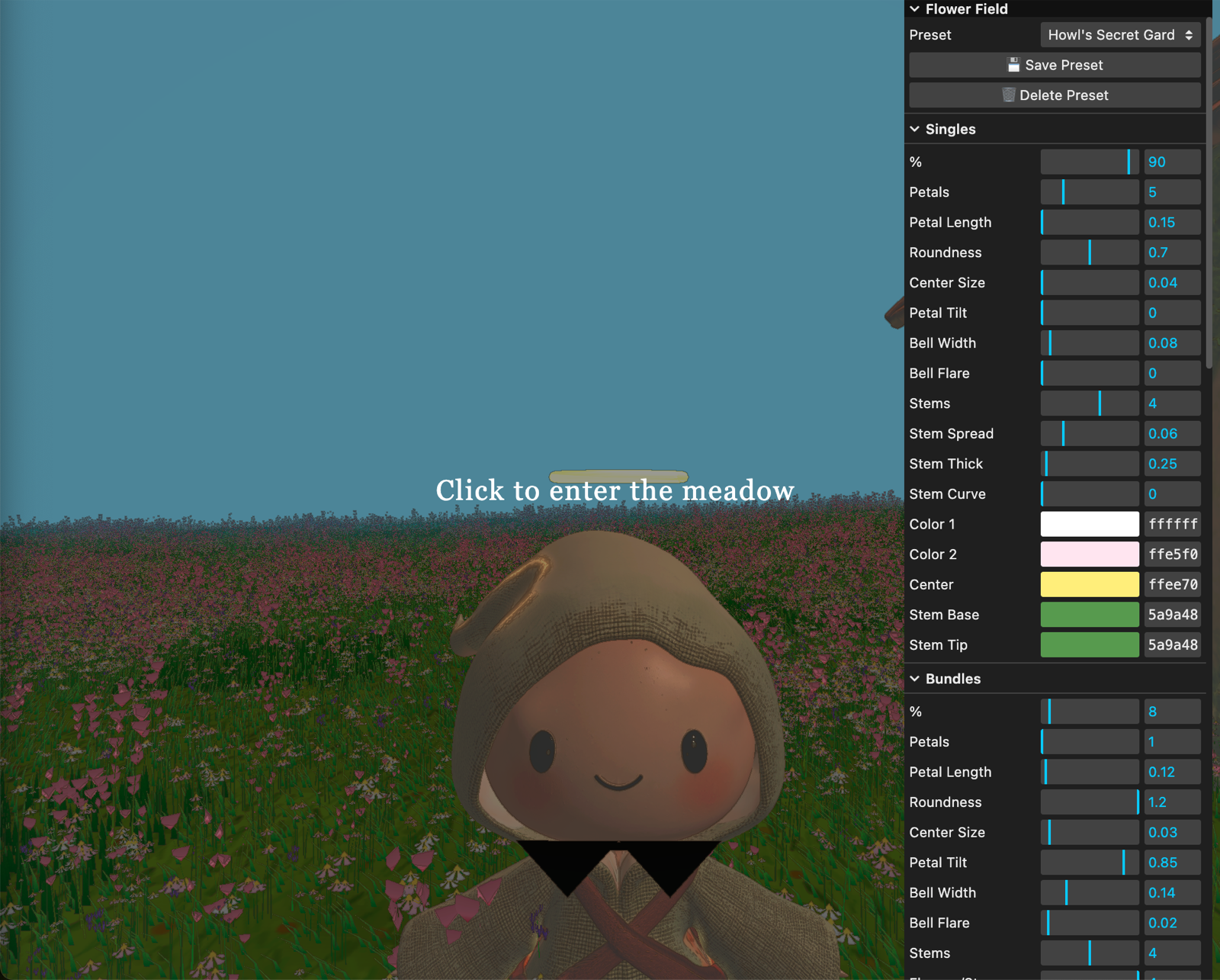 Avatar entering the flower field — hooded character standing in wildflowers