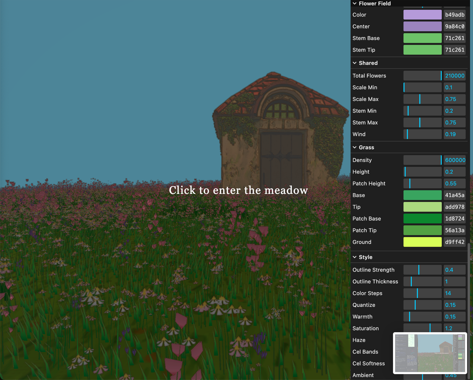 Flower field with cottage — evening scene, cel-shaded style with purple blooms