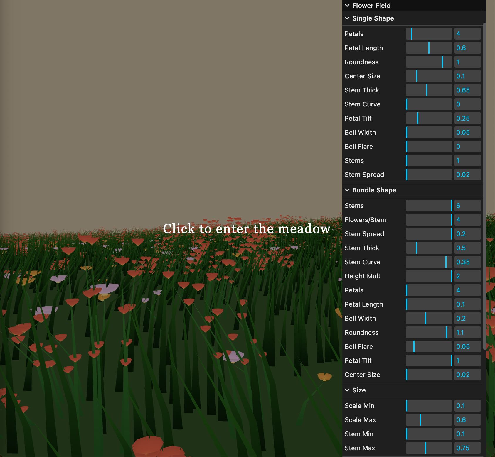 Flower field with red poppies — parameter panel visible, tuning petal shapes