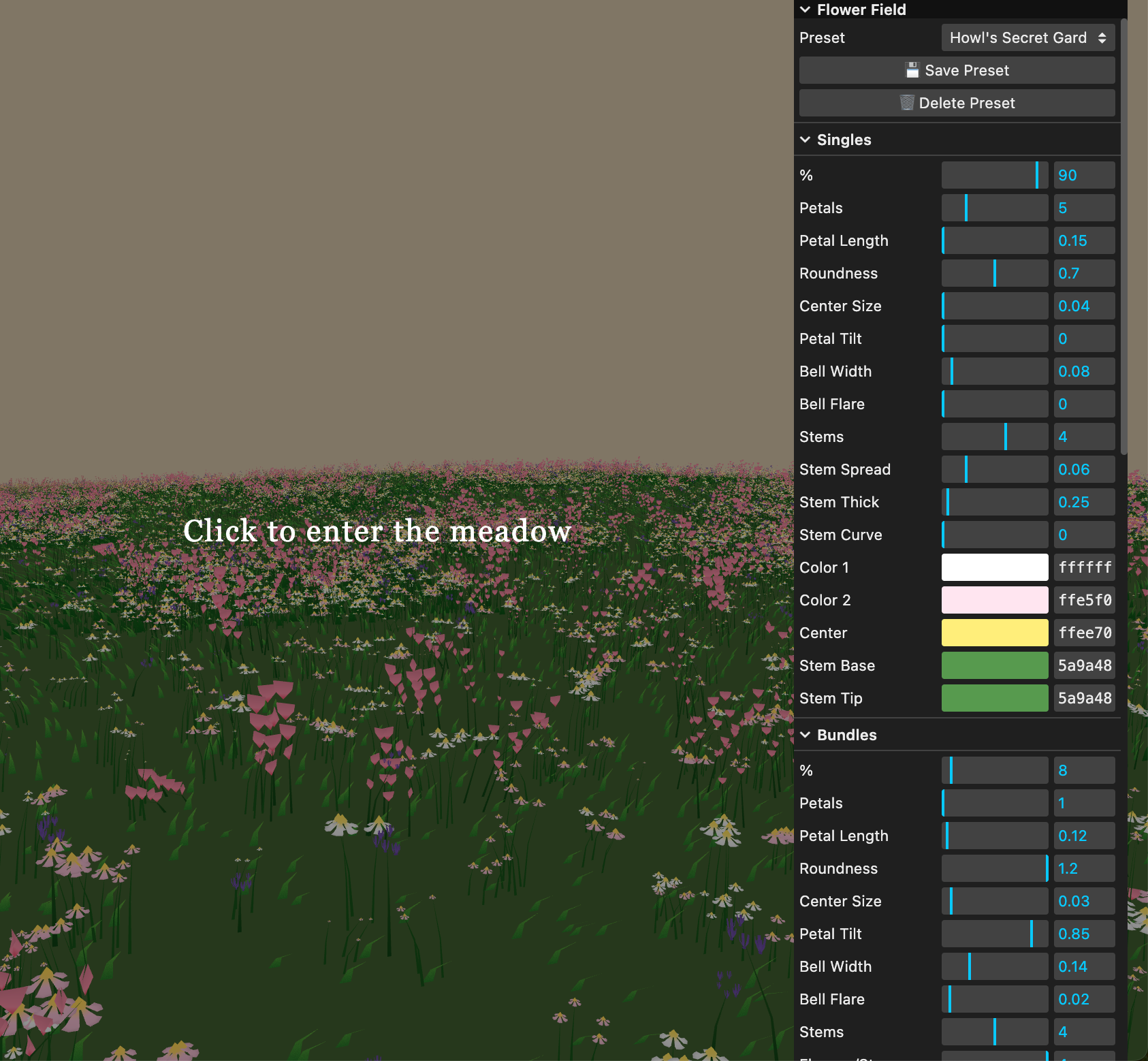 Howl's Secret Garden preset — pink and white wildflower meadow