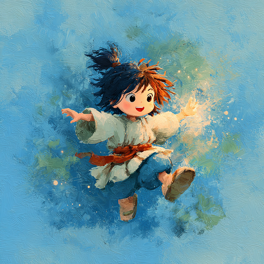 Midjourney avatar — watercolor style, leaping figure in blue and green