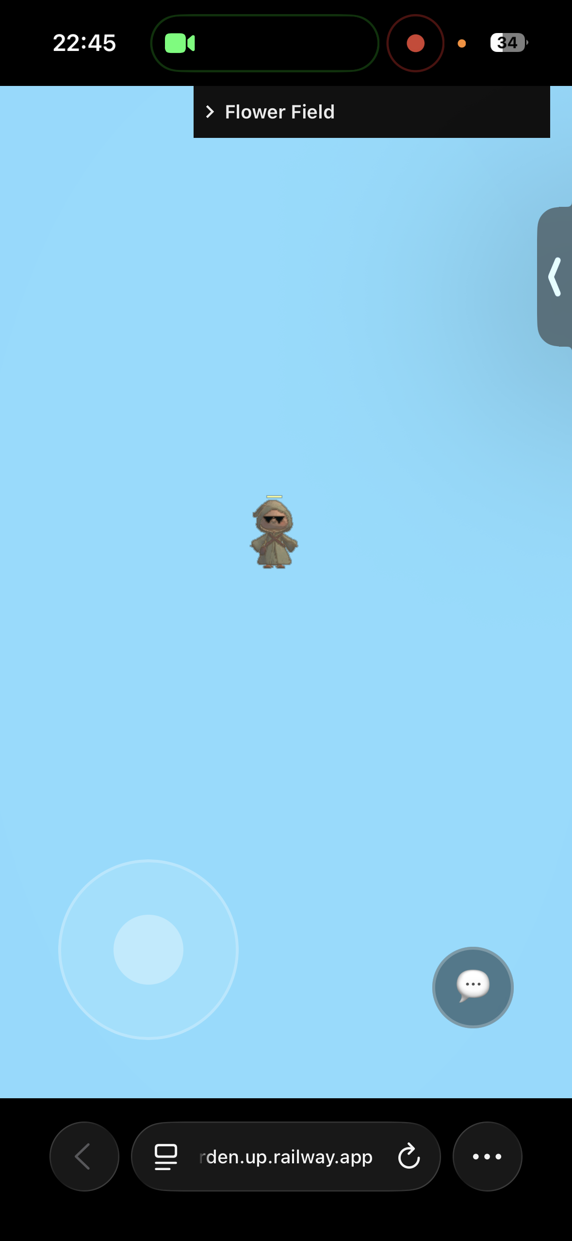 Flower Field on mobile — pixel avatar in an open blue world